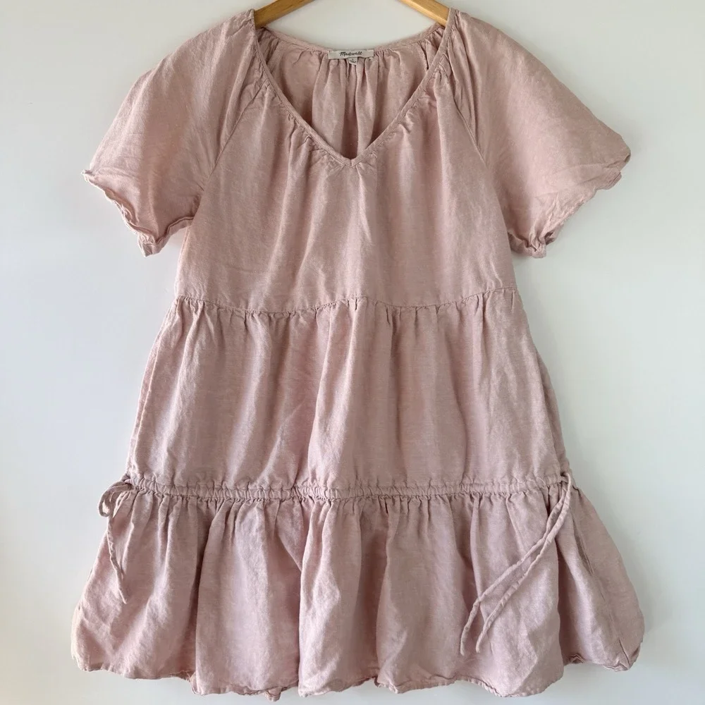 Madewell Linen Blend Lorelei Mini‎ Dress Size Small $98 Tiered Pink Pockets
